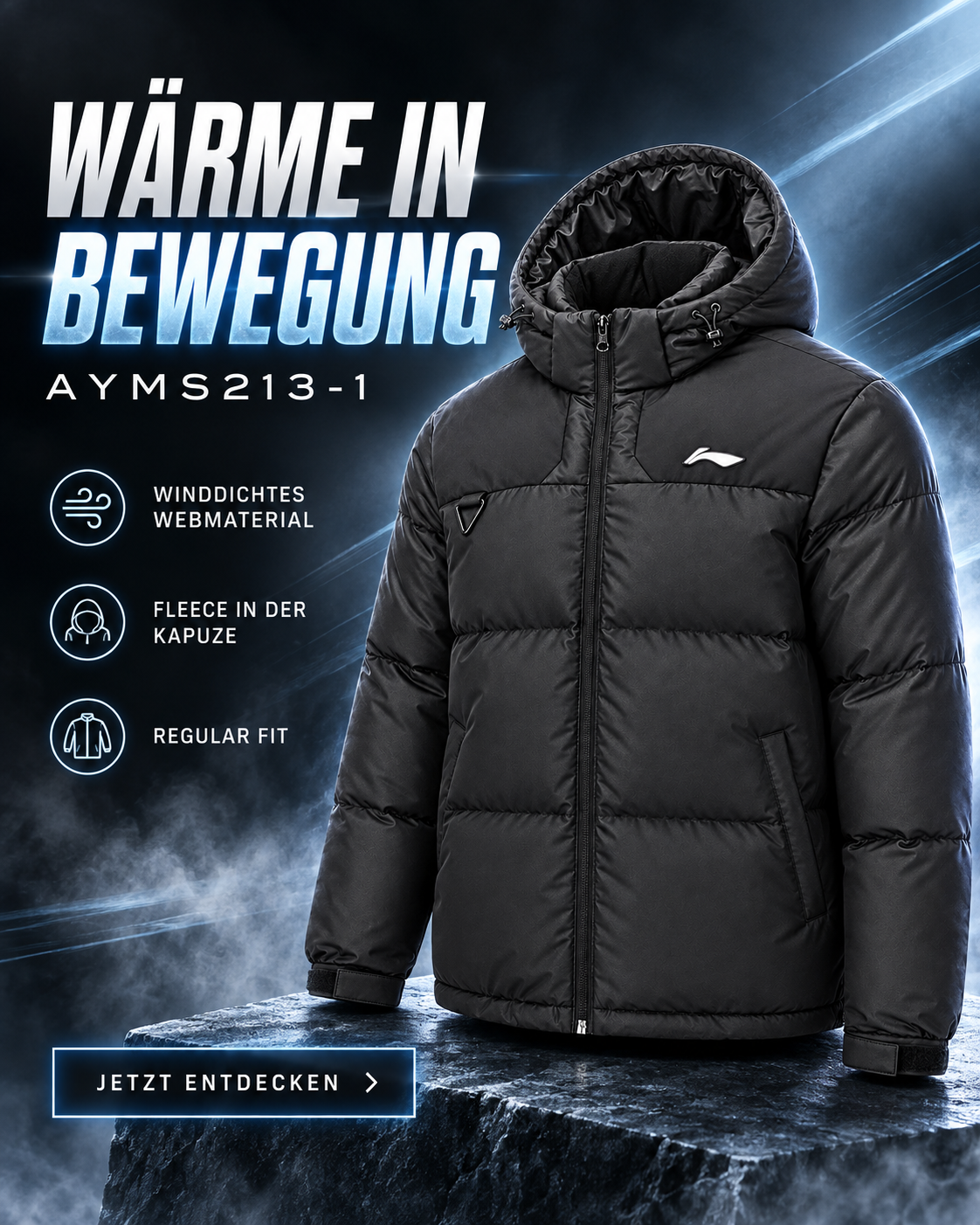 Li-Ning Herren Daunenjacke mit Kapuze schwarz - AYMS213-1